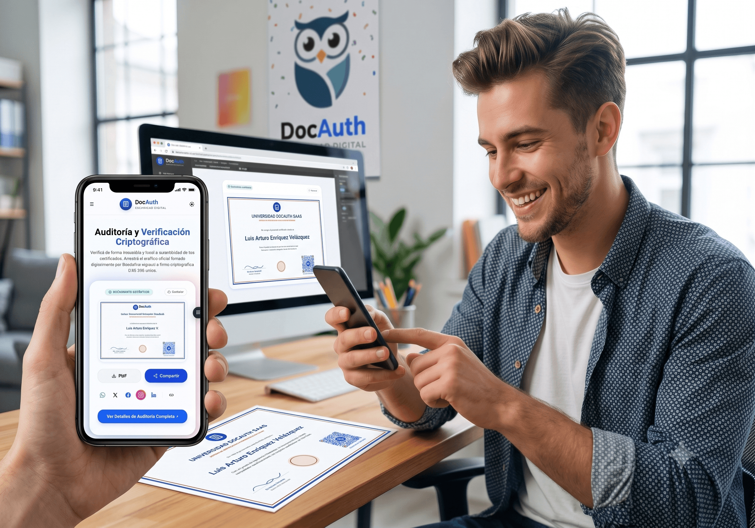 Persona consultando un certificado DocAuth desde una computadora y un teléfono