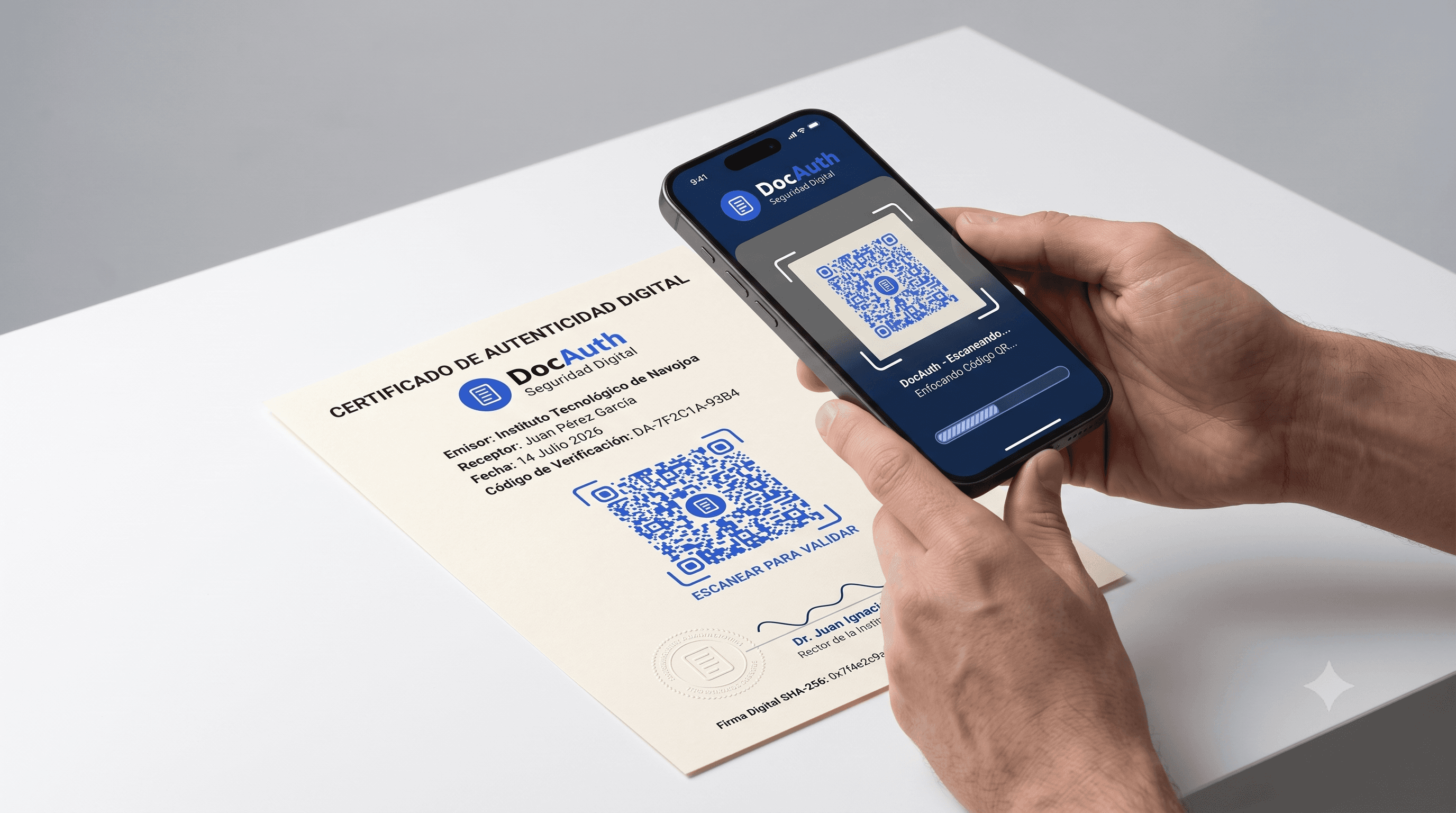 Persona verificando la autenticidad de un documento DocAuth mediante un código QR